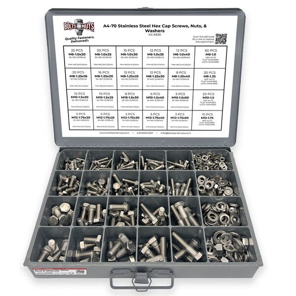 Boltsandnuts.Com Metric A4 Stainless Steel Hex Cap Screws, Hex Nuts, Flat & Lock Washers - 575 PCS Assortment Kit #530 - main